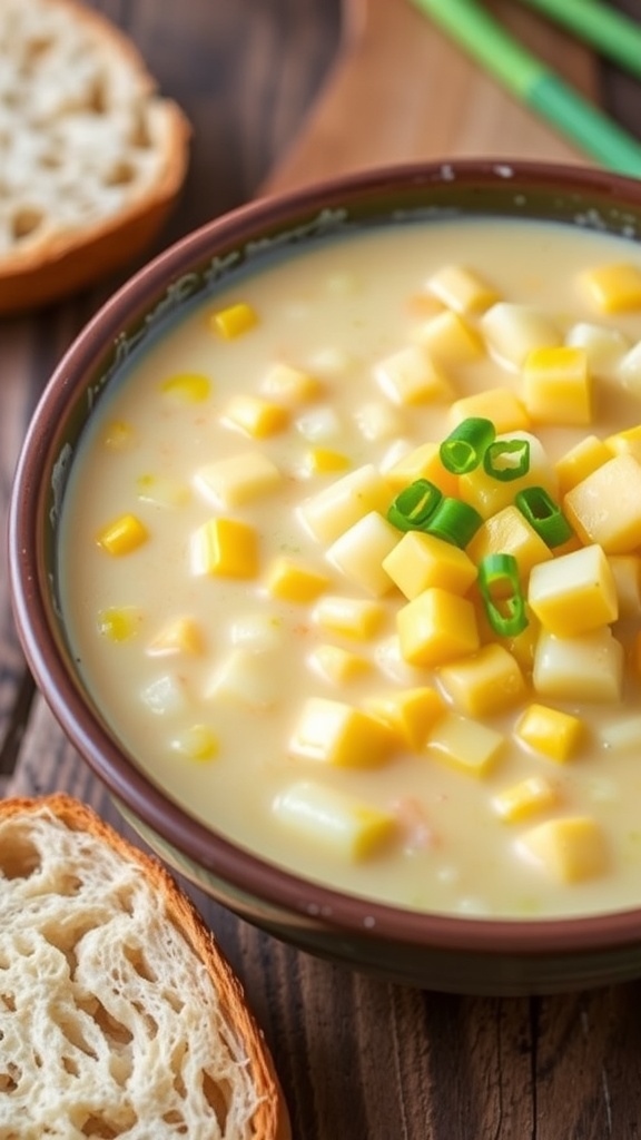 A bowl of creamy corn chowder with corn and potatoes, garnished with green onions, on a wooden table with bread.